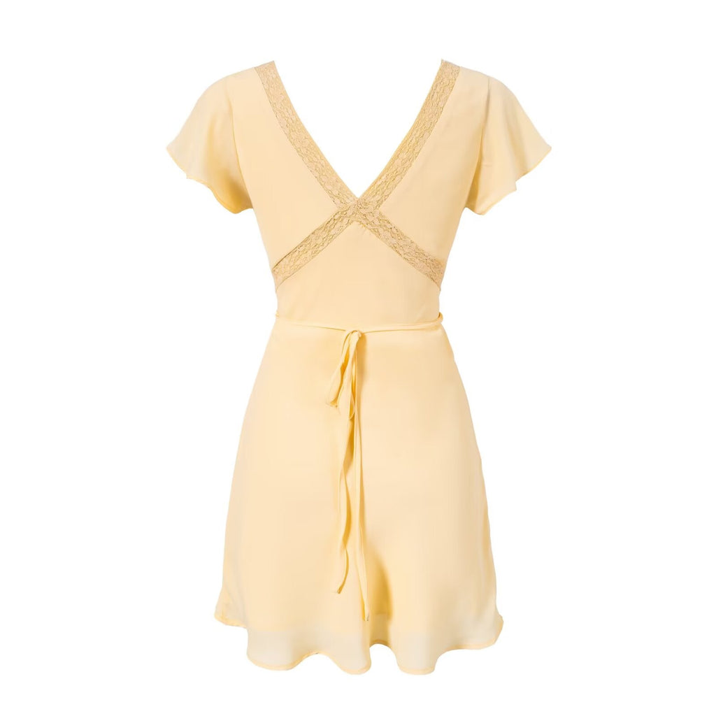 Spring Retro Debutante Classical Lace Stitching V neck Short Sleeve Dress