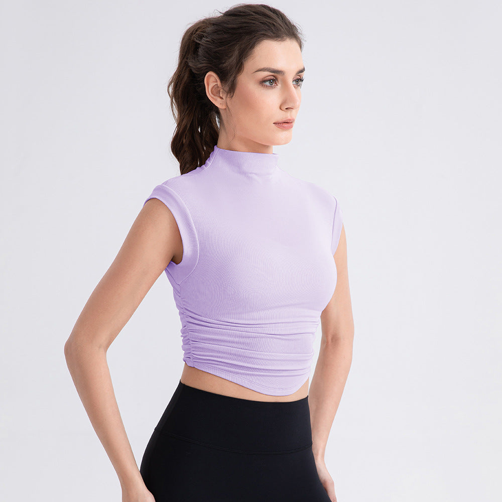 Irregular Asymmetric Half Turtleneck Sleeveless Yoga T shirt Women Breathable Exercise Vest Short Workout Running Top