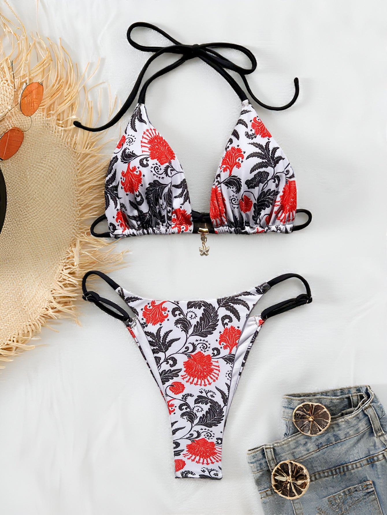 Bikini Double Bikini Bandage Swimsuit Backless Swimsuit Women Sexy Swimsuit Printed Bikini
