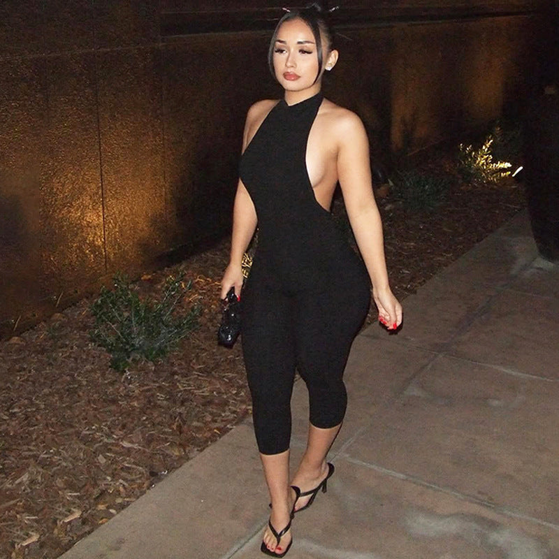 Women Clothing Summer Solid Color Sleeveless Halter Backless Sexy Slim Fit Bodysuit Bella Mia