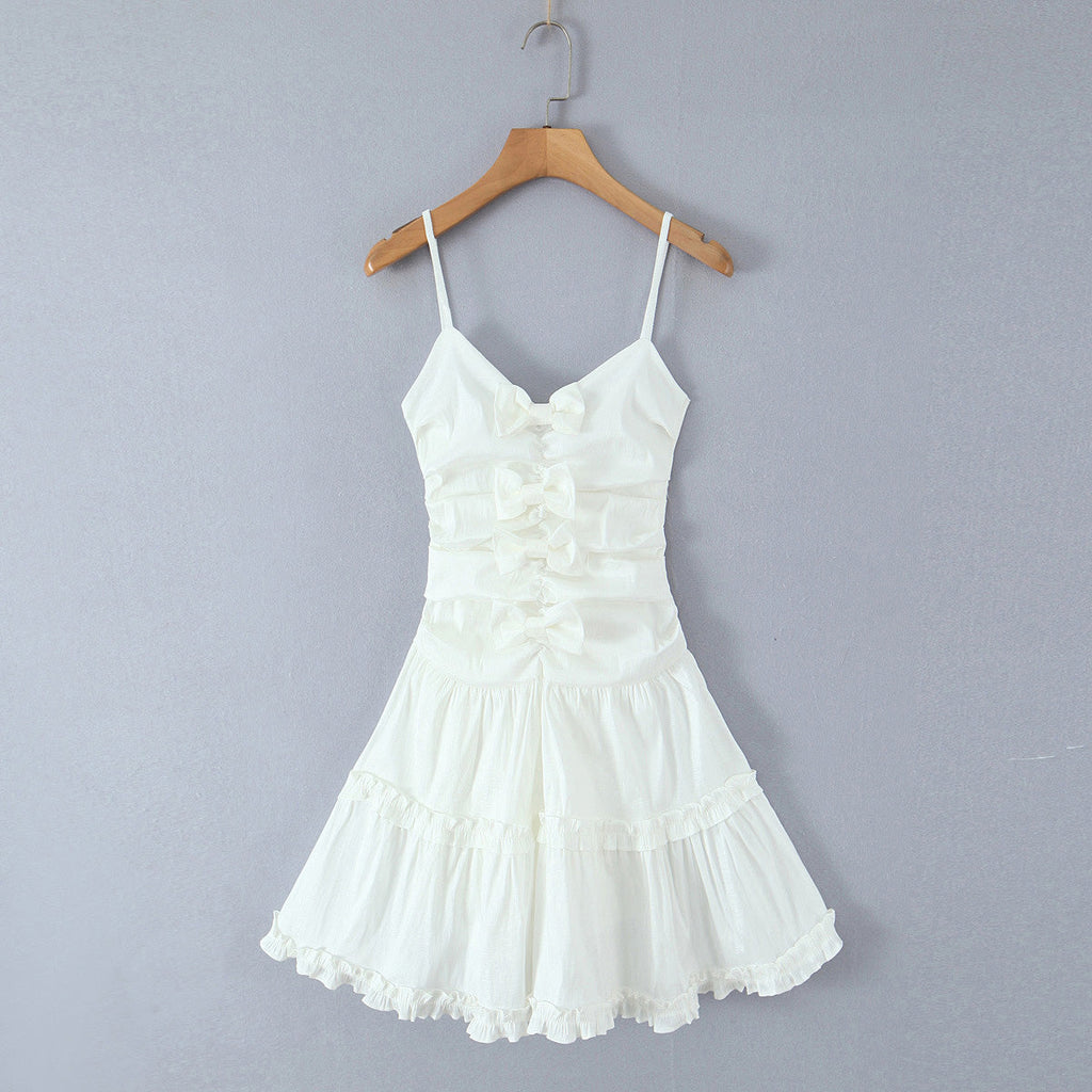 Sweet White Bow Layered Slim Mini Dress Women Summer Sexy Suspenders Puff Short Dress Bella Mia