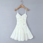 Sweet White Bow Layered Slim Mini Dress Women Summer Sexy Suspenders Puff Short Dress Bella Mia