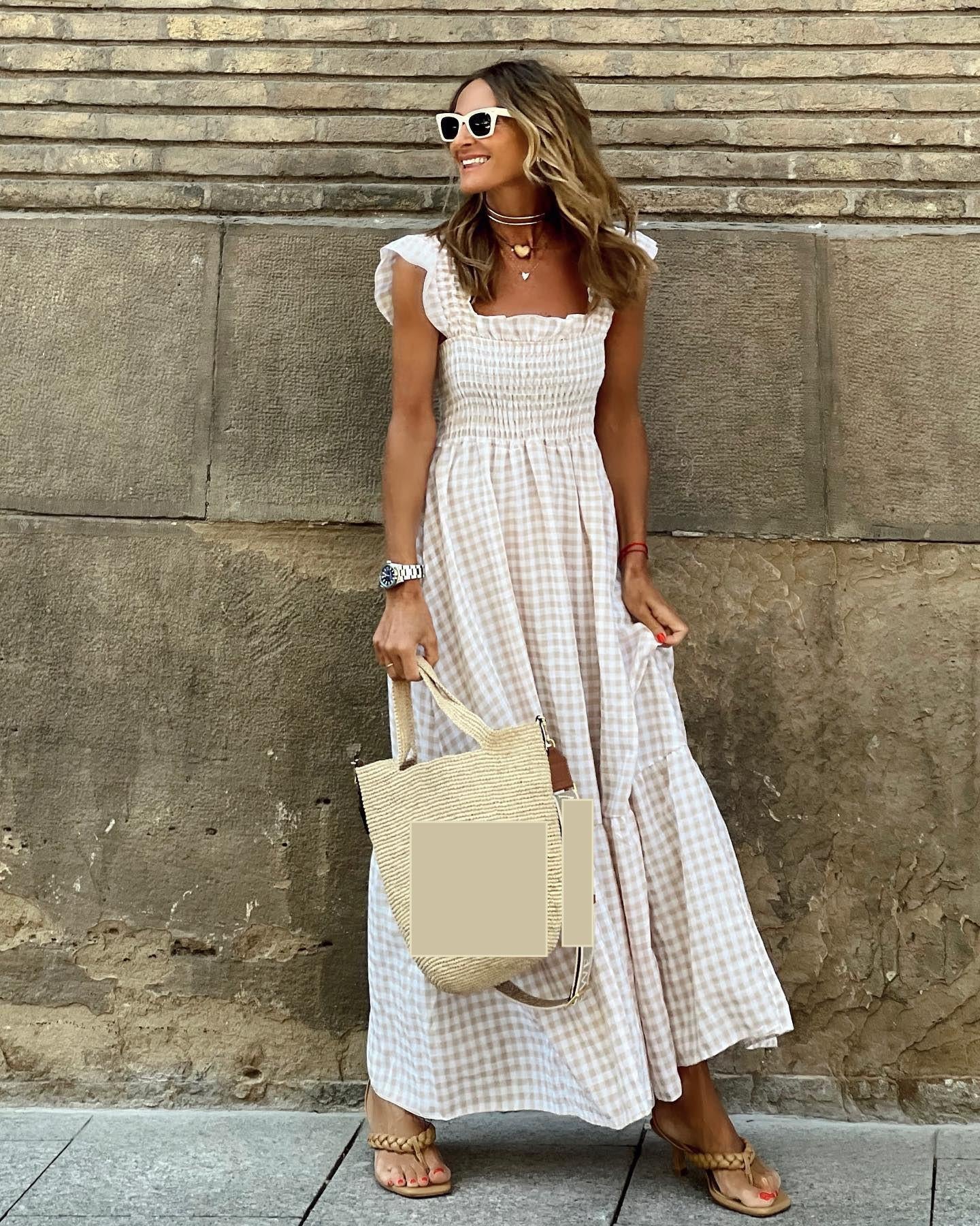 Summer Women Patchwork Plaid Sling Elastic Swing Dress