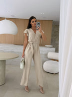 Summer Women Clothing V neck Waist Controlled Lace up Solid Color Jumpsuit Trousers Bella Mia