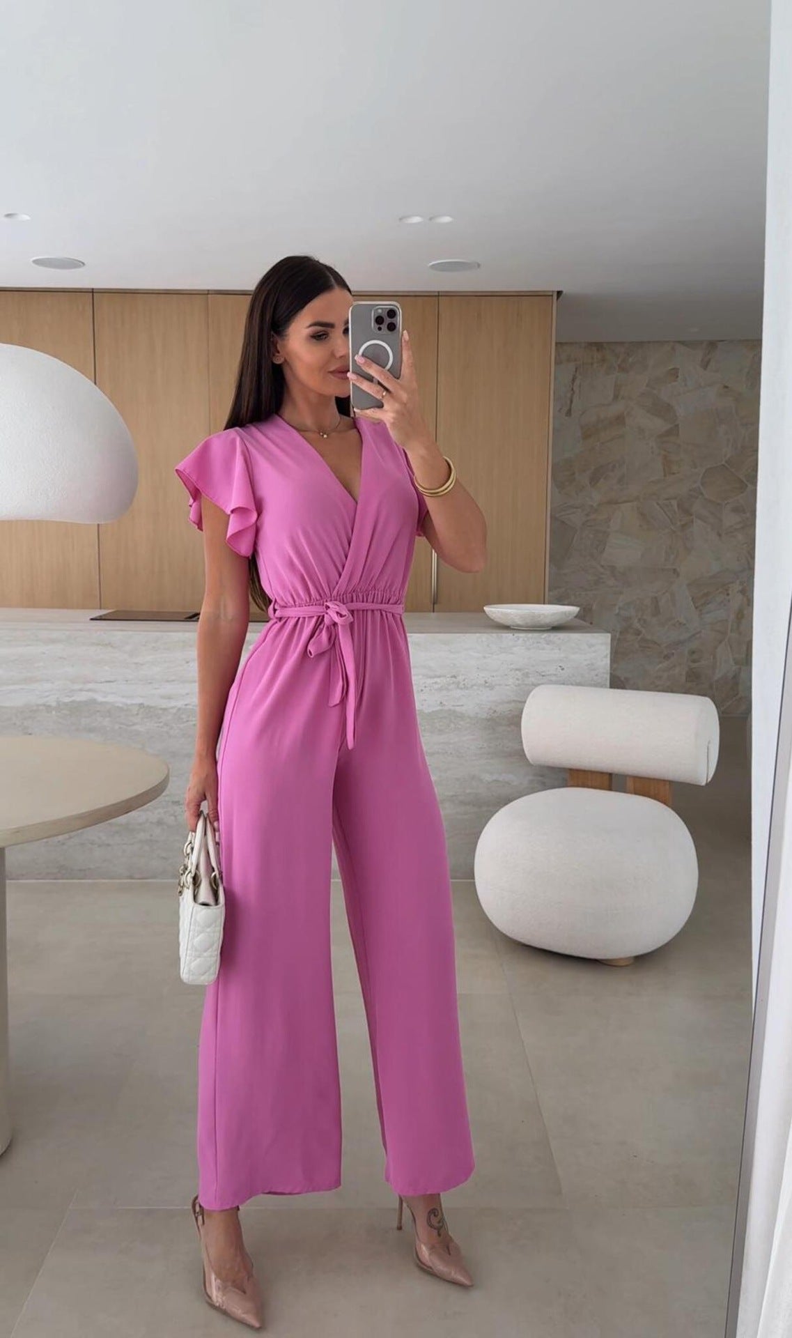 Summer Women Clothing V neck Waist Controlled Lace up Solid Color Jumpsuit Trousers Bella Mia