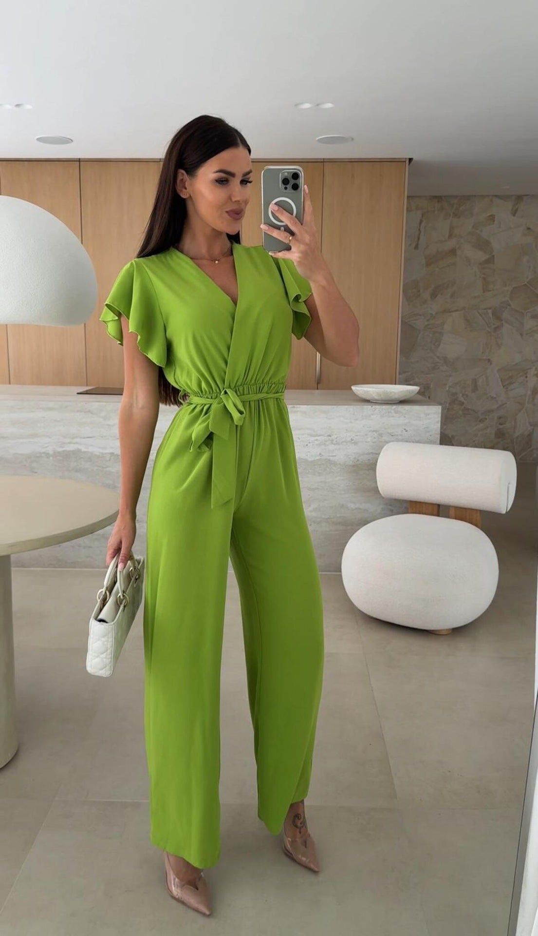 Summer Women Clothing V neck Waist Controlled Lace up Solid Color Jumpsuit Trousers Bella Mia