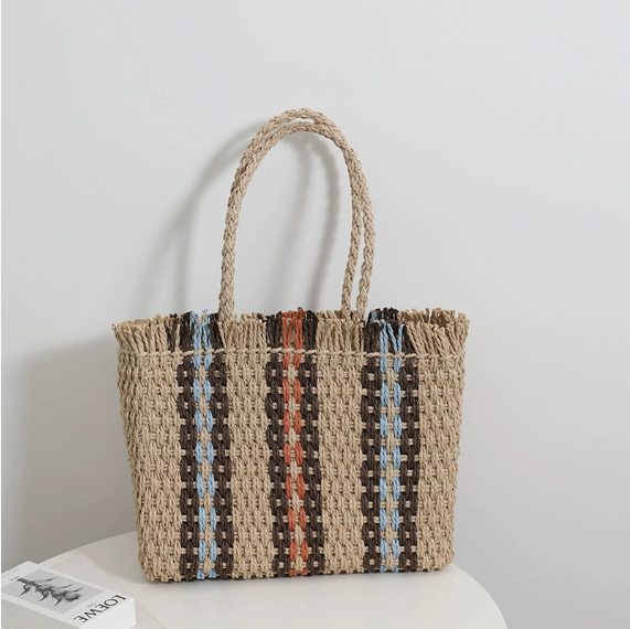 Vertical Stripes Straw Bag Woven Bag Women Simple Large Capacity Portable Shoulder Vacation Beach Bag Bella Mia
