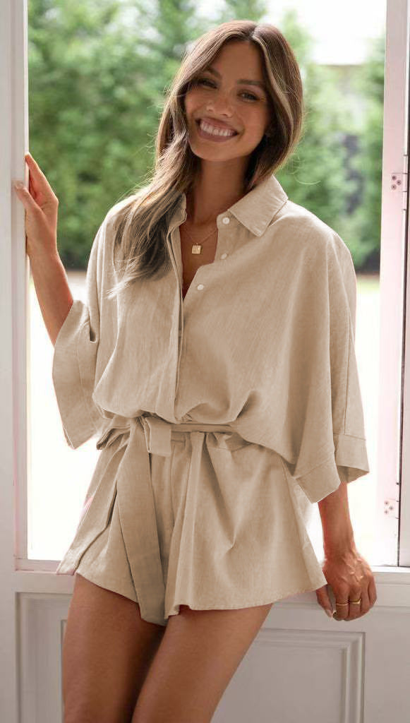 Summer Polo Collar Mid Sleeve Waist Lace up Loose Romper Bella Mia