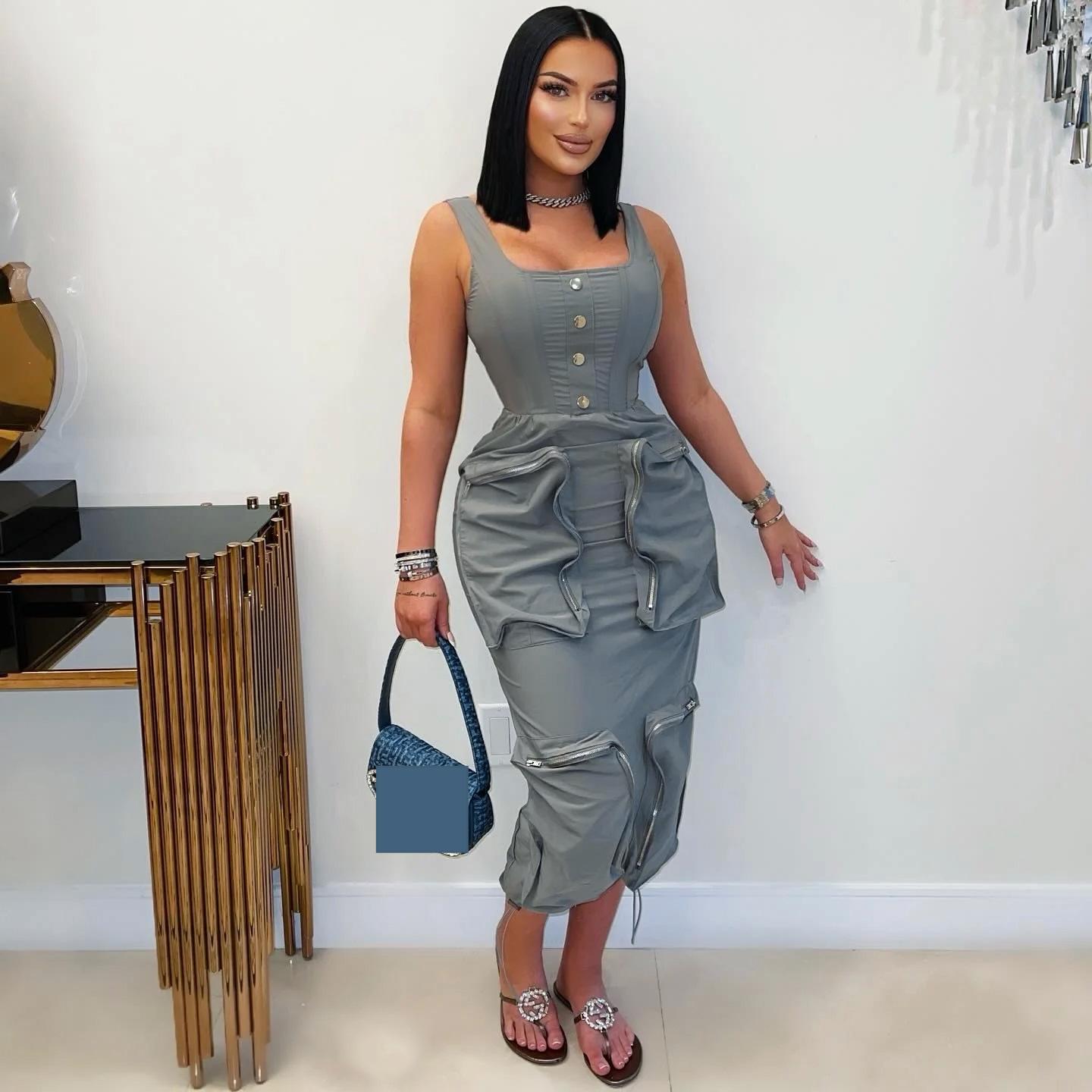 Women Elegant Casual Cargo Large Pocket Vest Dress Bella Mia