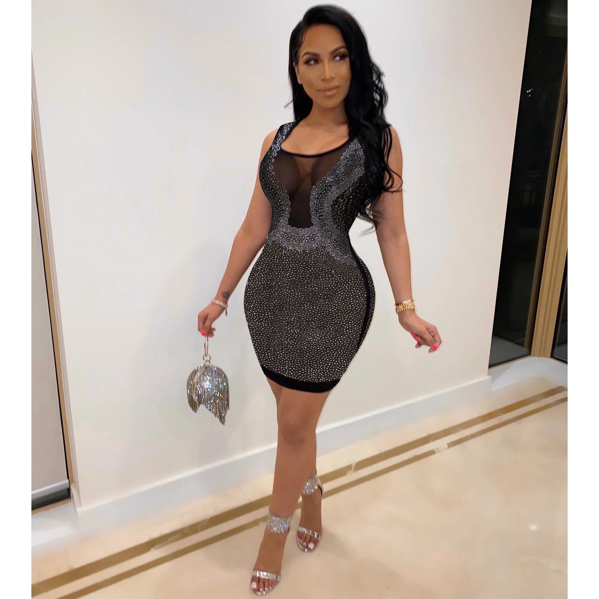 Sexy Slim-Fit Rhinestone See-through Dress Nightclub Uniforms Bella Mia