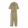 Spring Women Short Sleeve Solid Color Linen One Piece Trousers Bella Mia