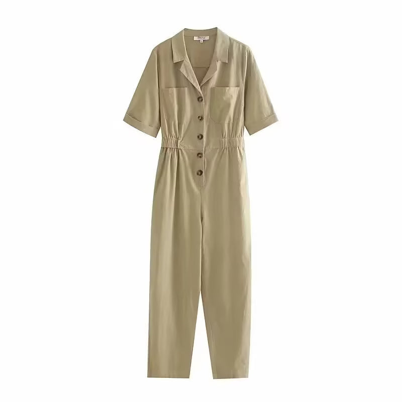 Spring Women Short Sleeve Solid Color Linen One Piece Trousers Bella Mia
