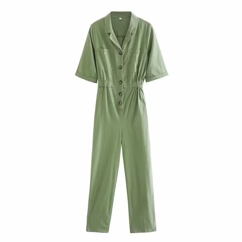 Spring Women Short Sleeve Solid Color Linen One Piece Trousers Bella Mia