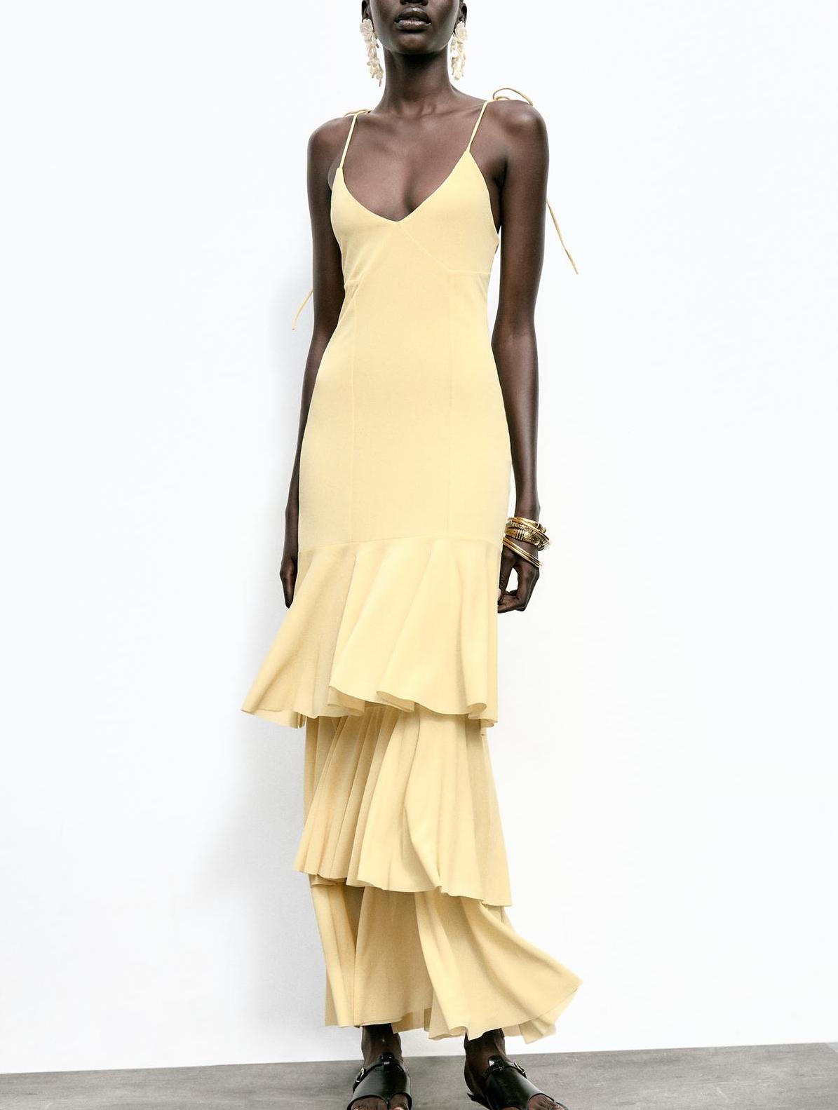 Slimming V Neckline Sexy Suspenders Backless Laminated Decoration Midi Dress