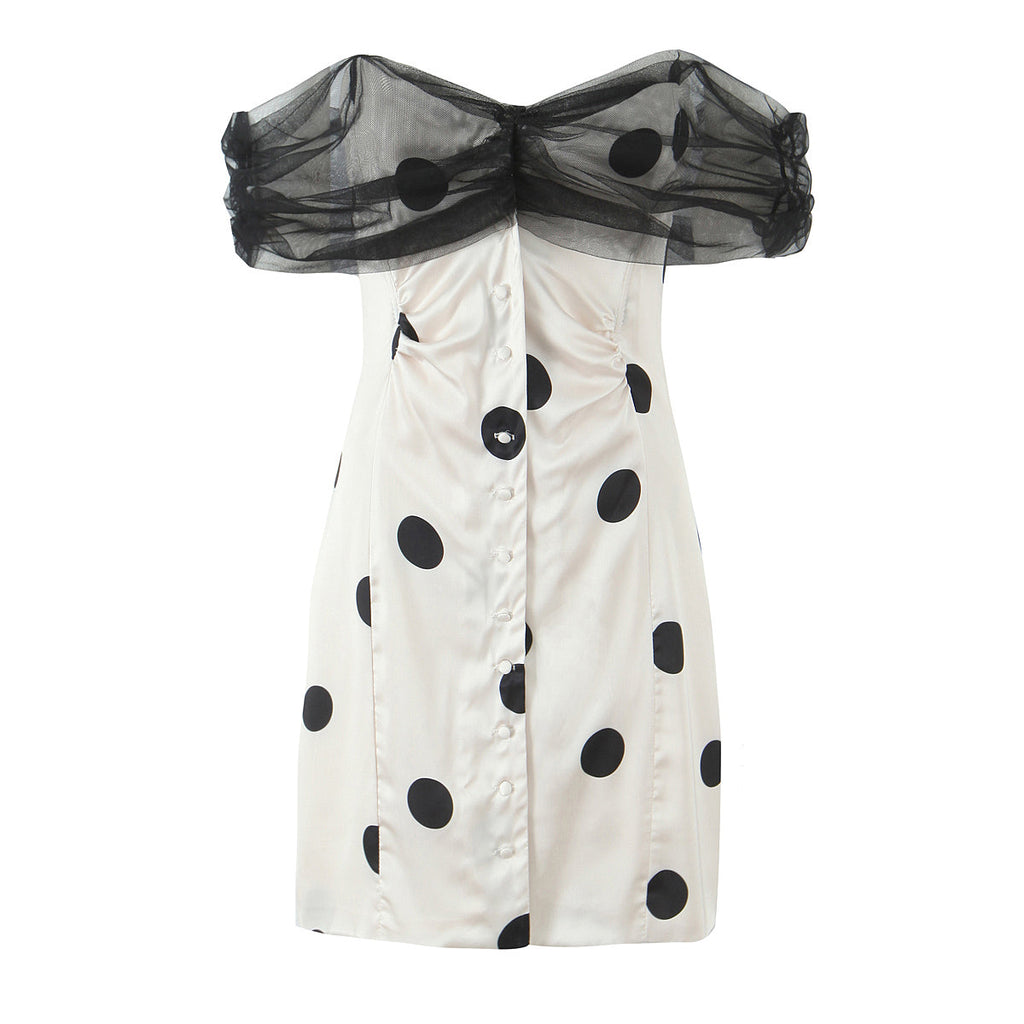 Summer Women off Neck Hip Dress Slim Fit Buttoned Mesh Stitching Polka Dot Tube Top Dress Bella Mia