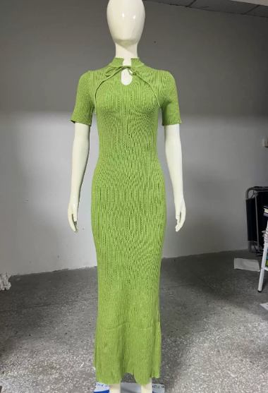 Summer Women Candy Color Slim Fit Dress Women Summer round Neck Short Sleeves Knitted Long Sweater Dress