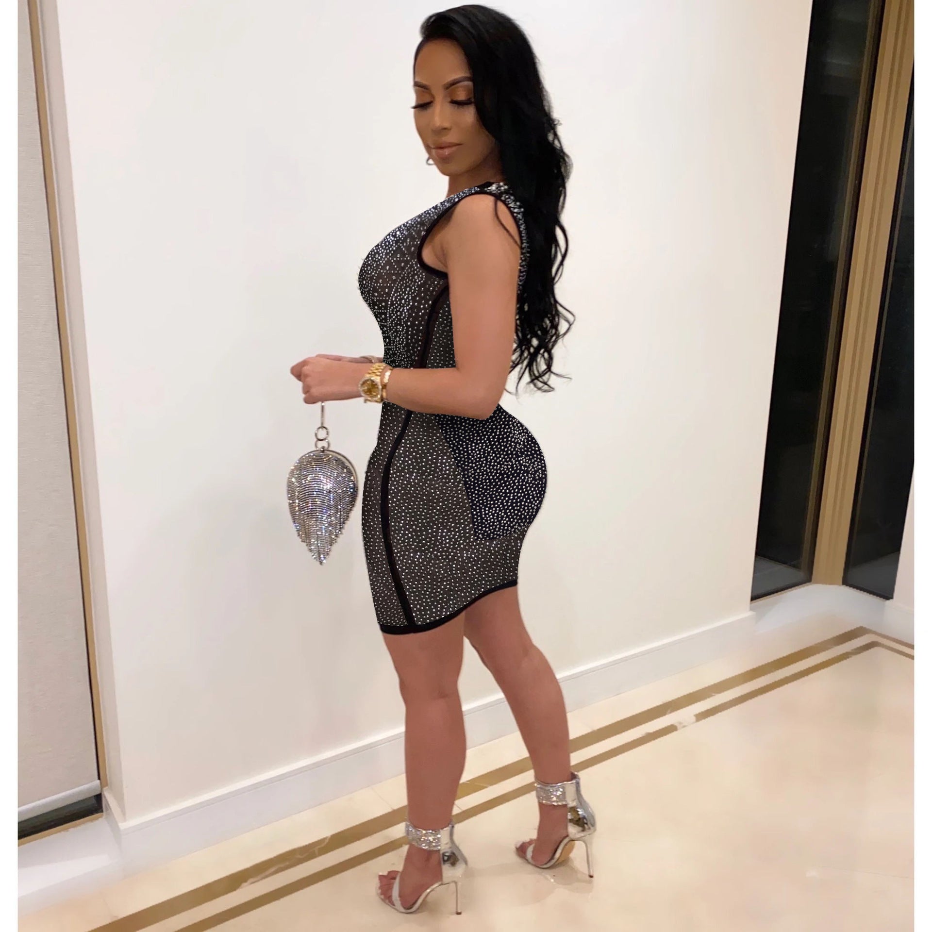 Sexy Slim-Fit Rhinestone See-through Dress Nightclub Uniforms Bella Mia