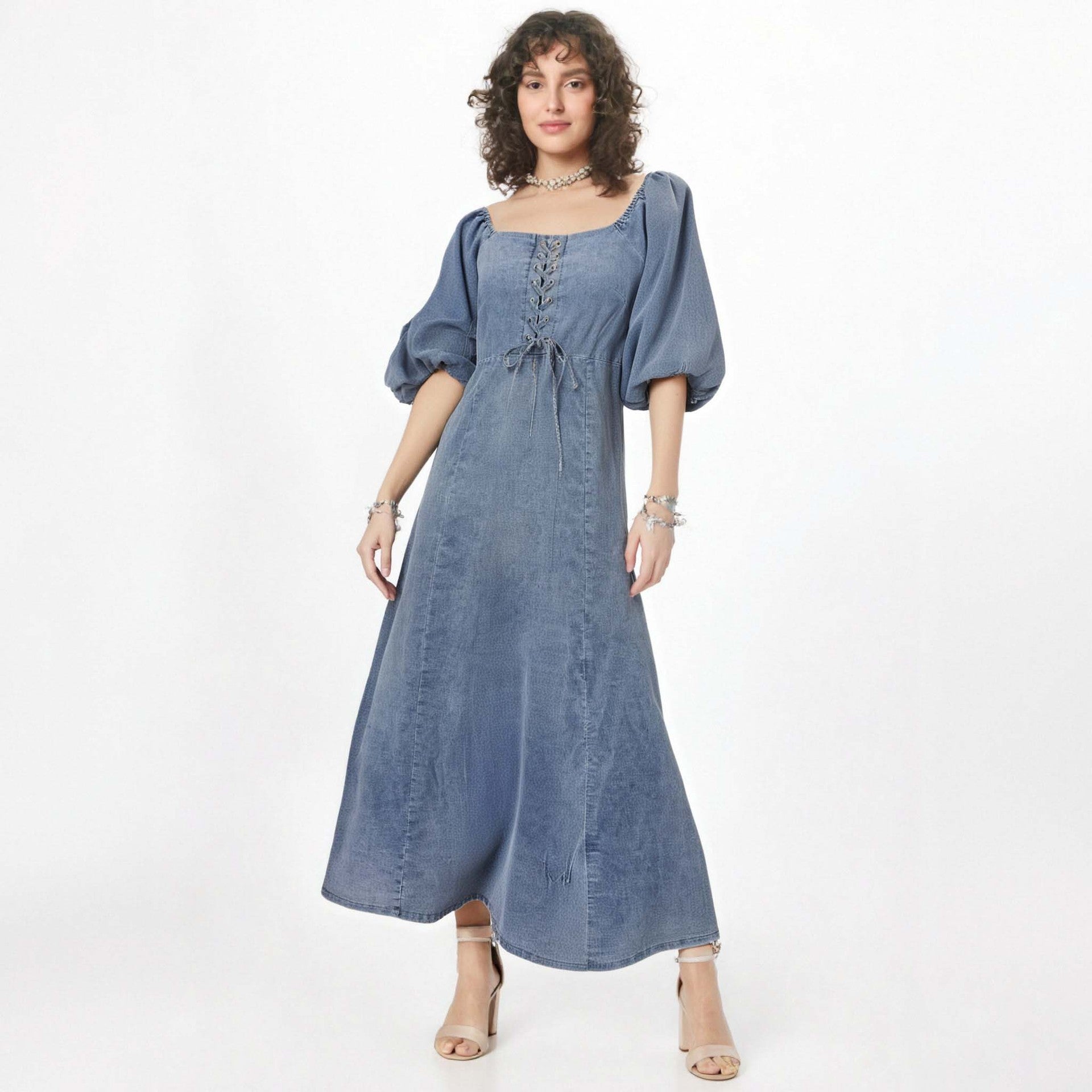 Square Mouth Long Sleeve Lantern Sleeve Waist Tight Solid Color Long A line Denim Thin Dress Bella Mia