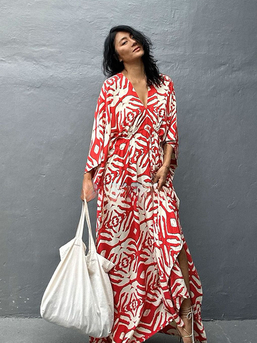 Rayon Drawstring Vacation Beach Dress Women Sunscreen Loose Robe Bikini Cover Bella Mia