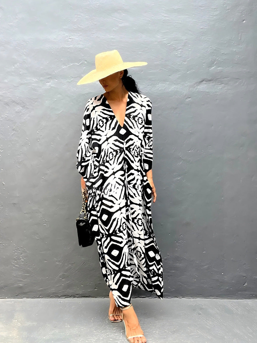 Rayon Drawstring Vacation Beach Dress Women Sunscreen Loose Robe Bikini Cover Bella Mia