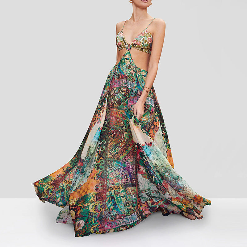 Maxi Dress Slimming Tall Women Printed Chest Front Garden Buckle Printing Dress Bella Mia