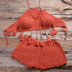 Hand-Wrapped Chest Bohemian Tassel Hollow Out Cutout Bikini Matching Hollow Out Cutout Stretch Shorts Bella Mia