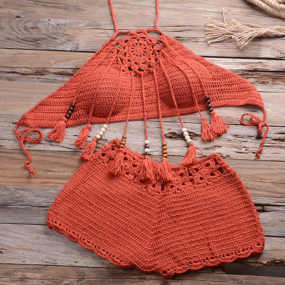 Hand-Wrapped Chest Bohemian Tassel Hollow Out Cutout Bikini Matching Hollow Out Cutout Stretch Shorts Bella Mia