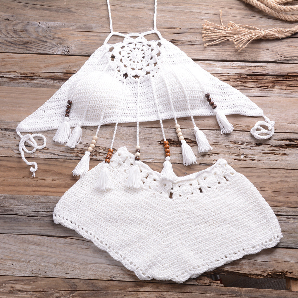 Hand-Wrapped Chest Bohemian Tassel Hollow Out Cutout Bikini Matching Hollow Out Cutout Stretch Shorts Bella Mia