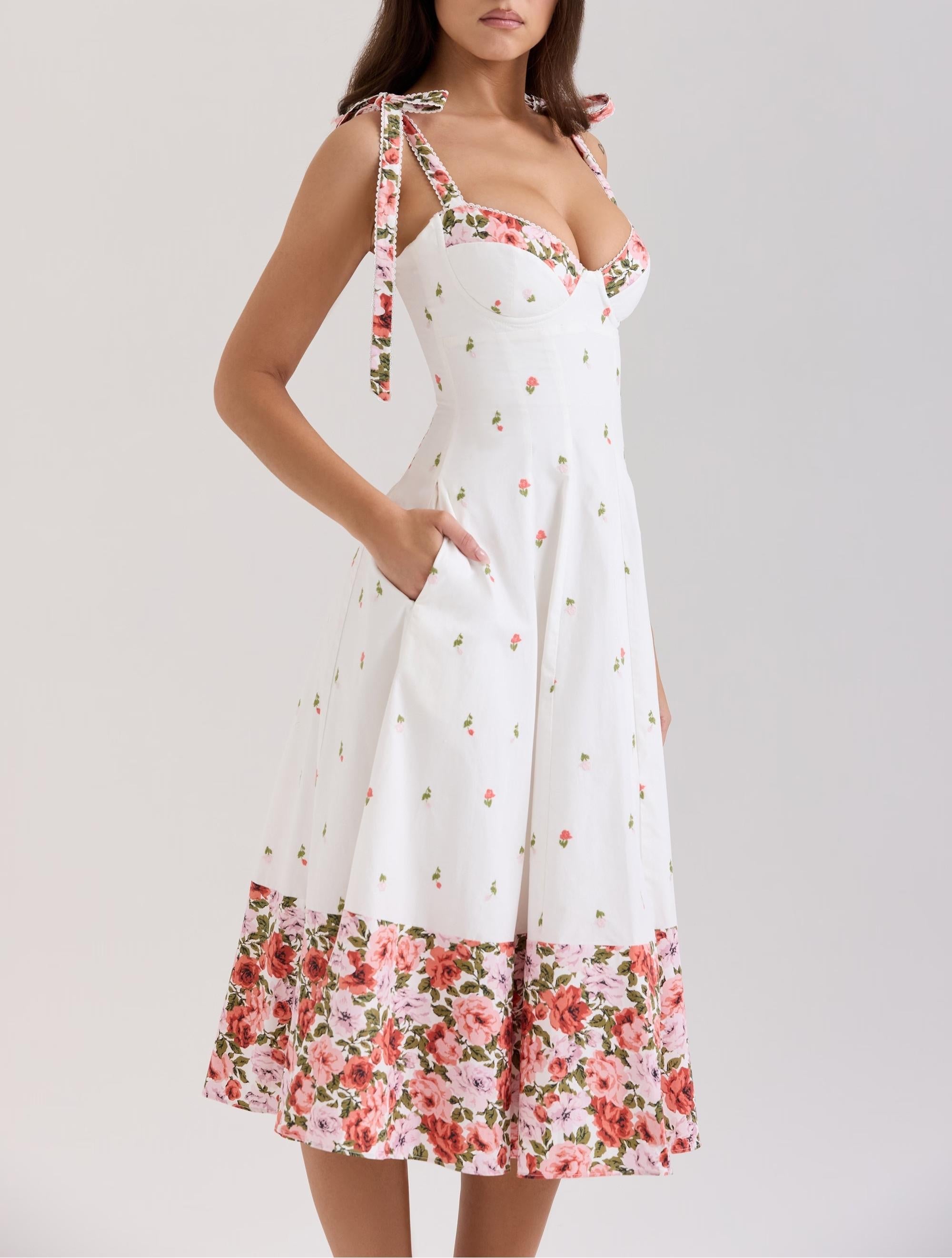 Elegant Sweet Dress Women Summer Printed Lace up Waist Tight Design Cami Dress Bella Mia