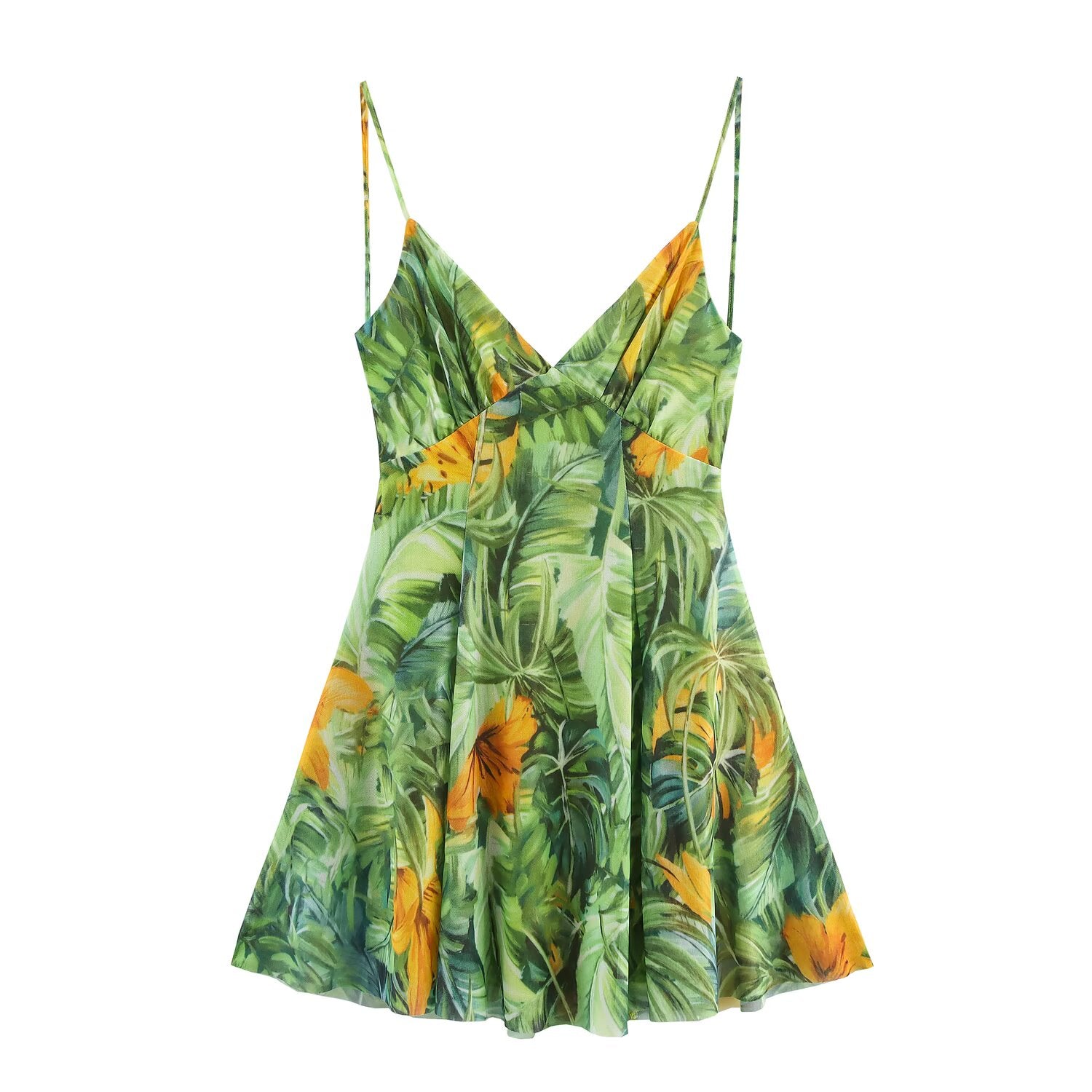Women lothing Printed Silk Net V neck Sling Short Dress