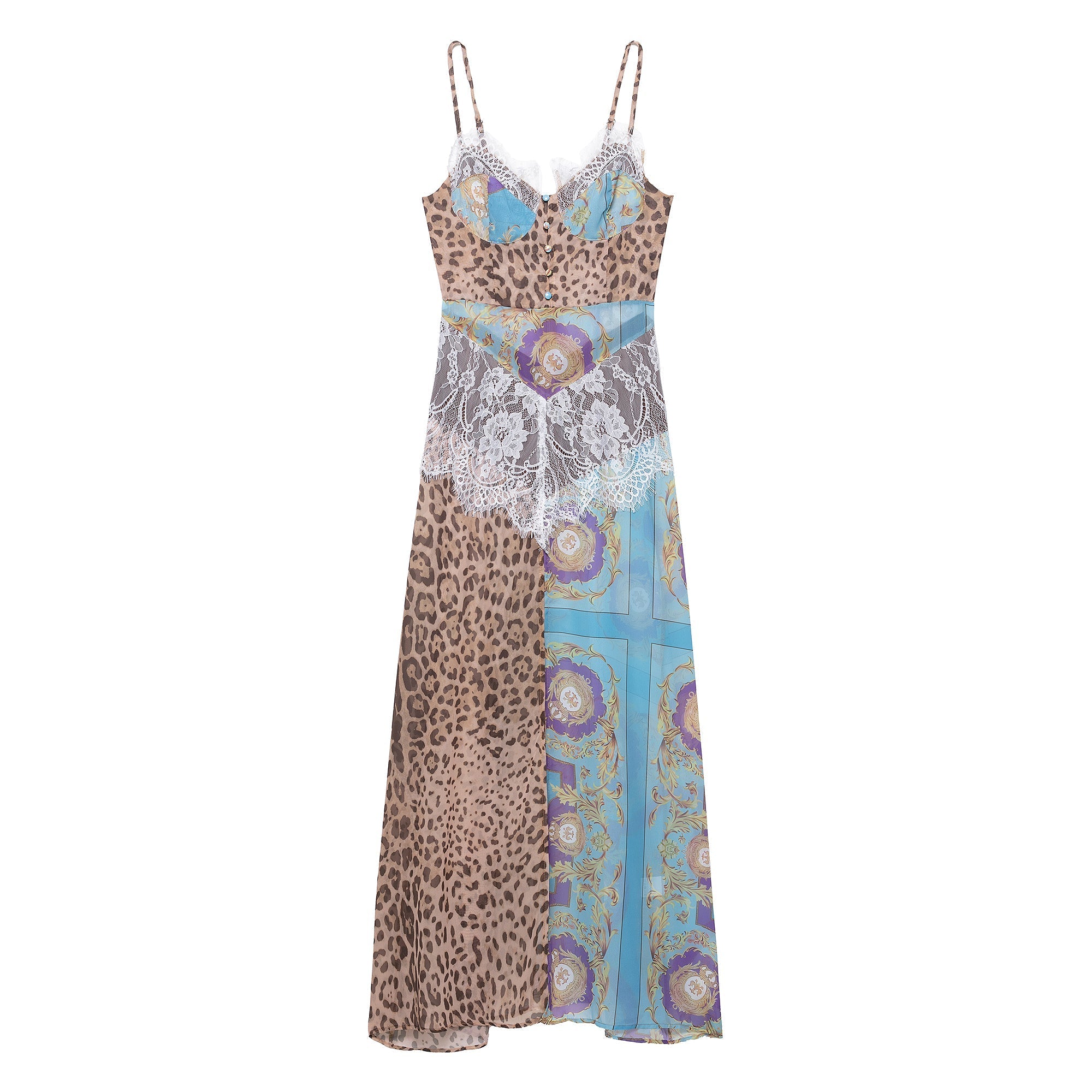 Women Clothing Color Contrast Printed Lace Slim Fit Patchwork Split Sling Dress Bella Mia