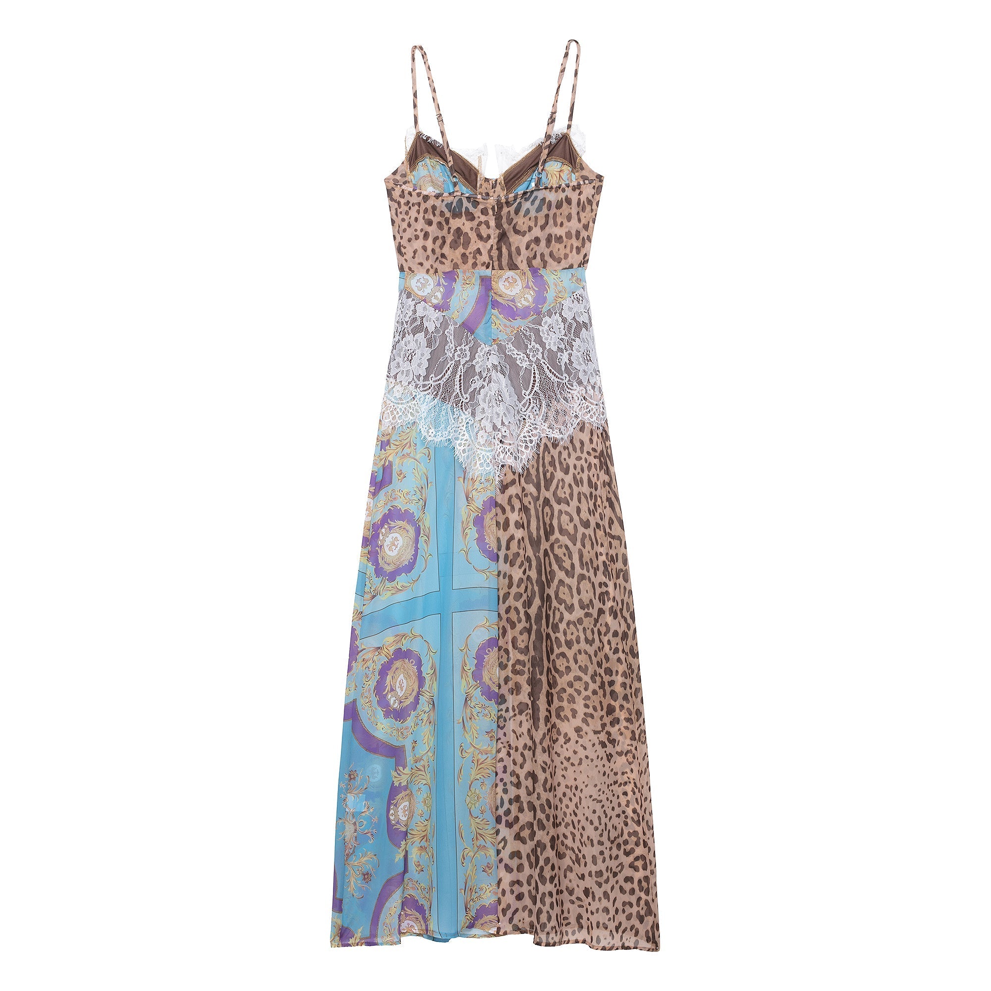 Women Clothing Color Contrast Printed Lace Slim Fit Patchwork Split Sling Dress Bella Mia