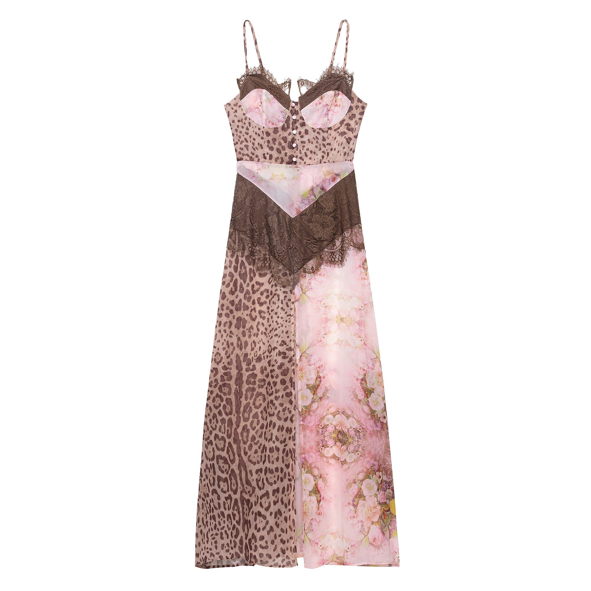 Women Clothing Color Contrast Printed Lace Slim Fit Patchwork Split Sling Dress Bella Mia