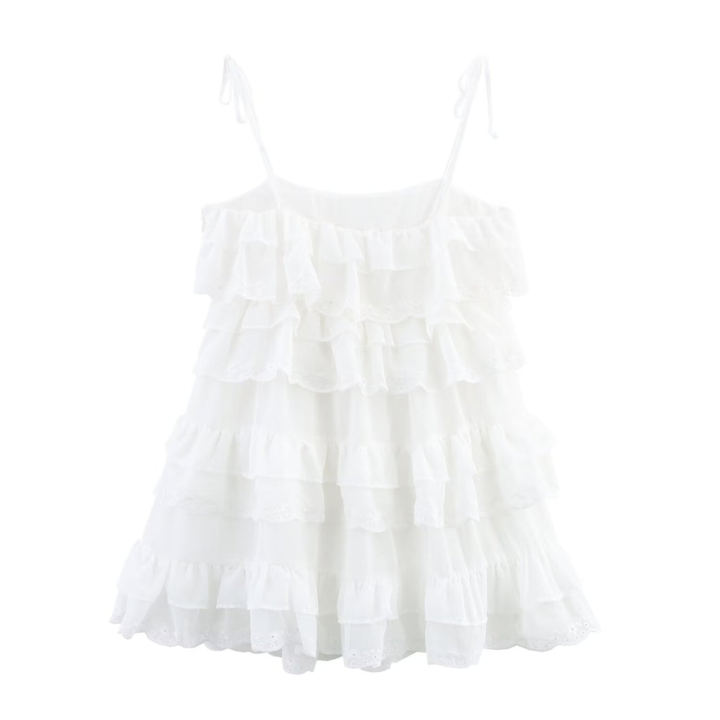 Women Clothing Summer French Embroidery Laminated Decoration Short Strap Dress Bella Mia