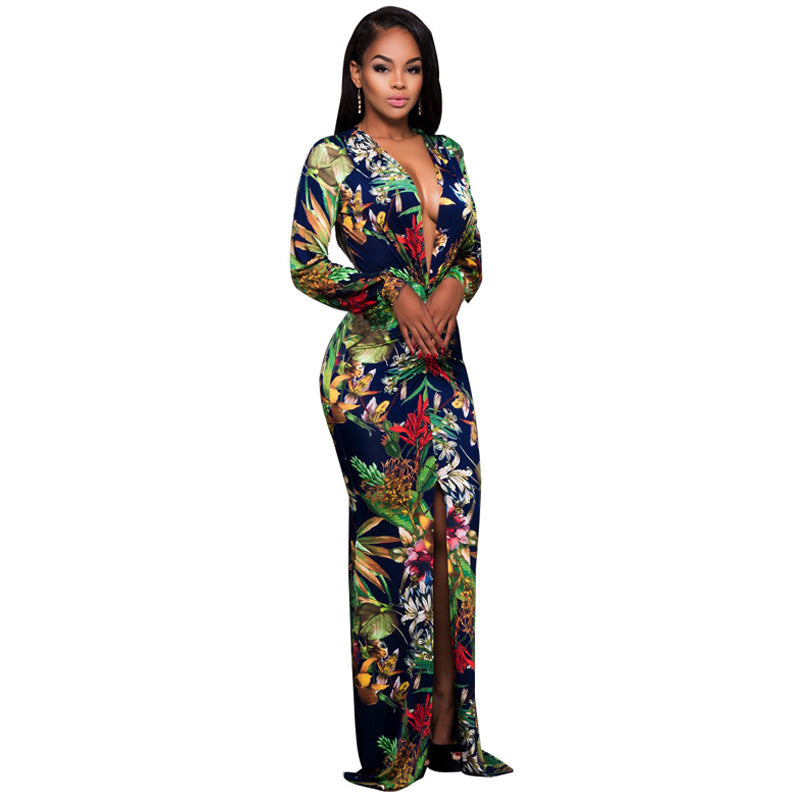 Sexy High Slit Printed Dress Arrival Women Clothing Deep V Plunge Plunge Long Sleeve Dress Plus Size Bella Mia