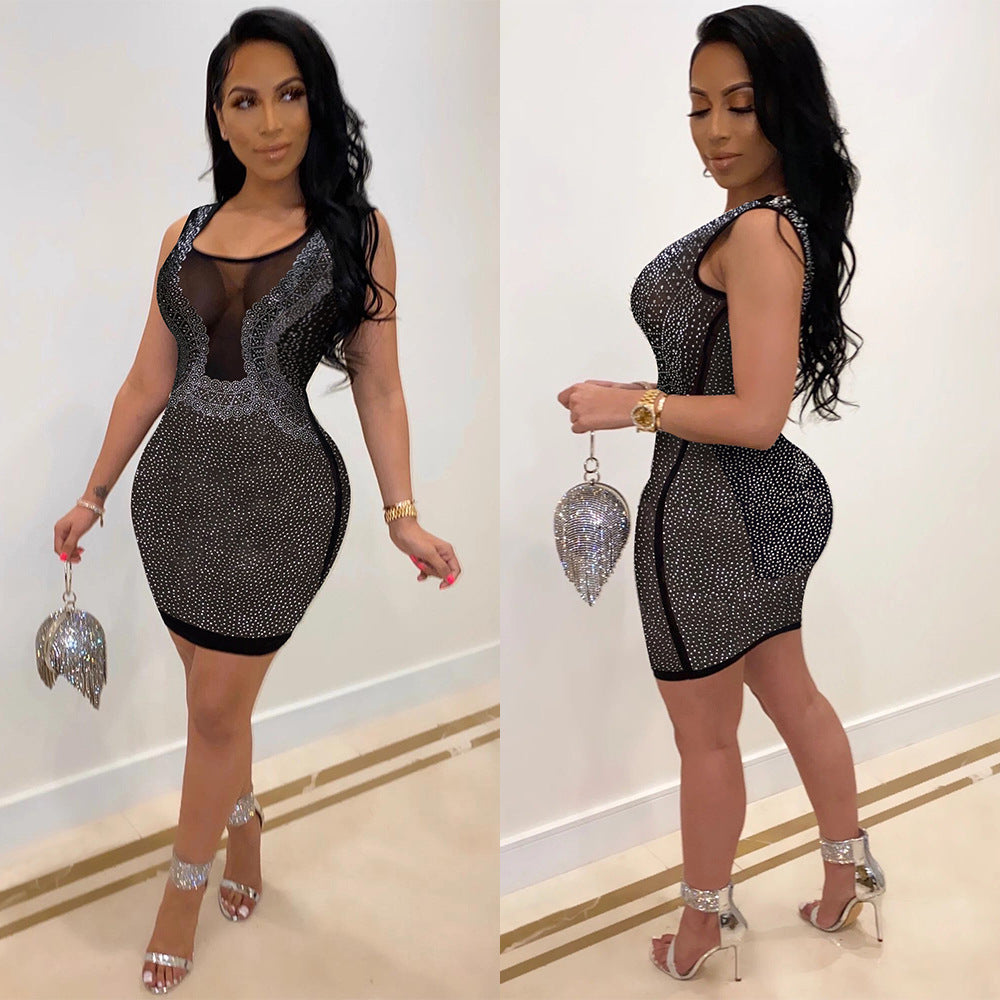 Sexy Slim-Fit Rhinestone See-through Dress Nightclub Uniforms Bella Mia