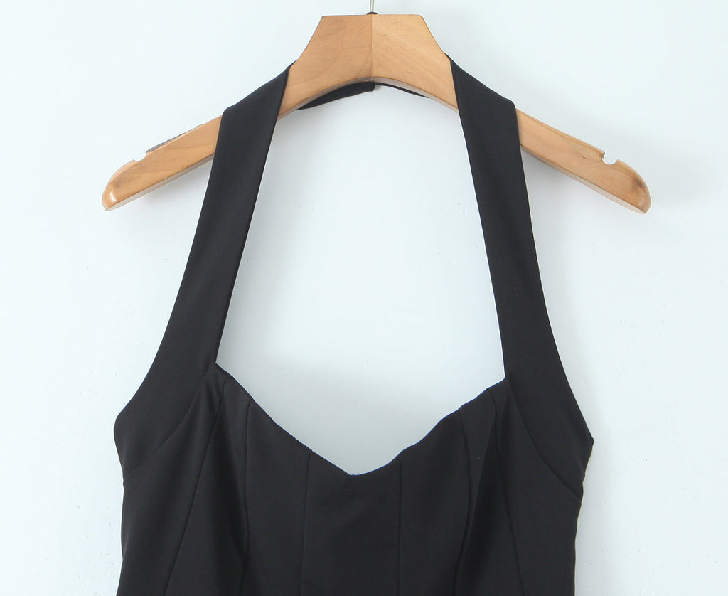 Summer Hepburn Gold Elegant Little Black Dress Women Waist Trimming Lace up Sexy Halter Dress Bella Mia
