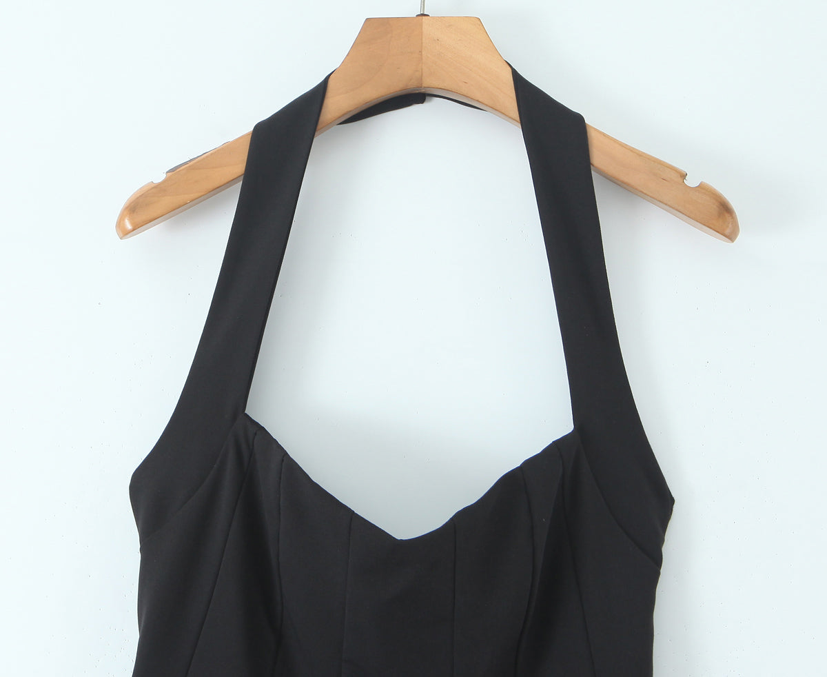 Summer Hepburn Gold Elegant Little Black Dress Women Waist Trimming Lace up Sexy Halter Dress Bella Mia