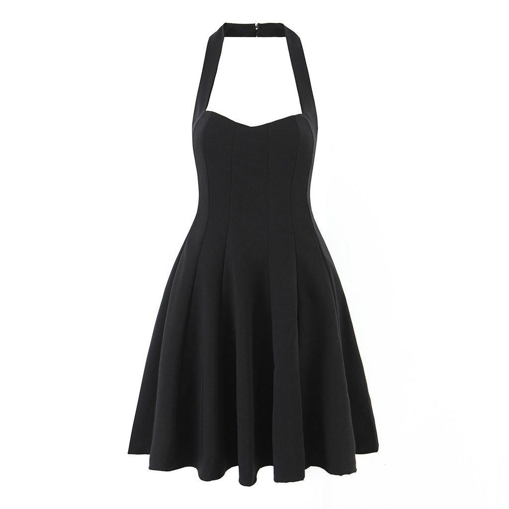 Summer Hepburn Gold Elegant Little Black Dress Women Waist Trimming Lace up Sexy Halter Dress Bella Mia
