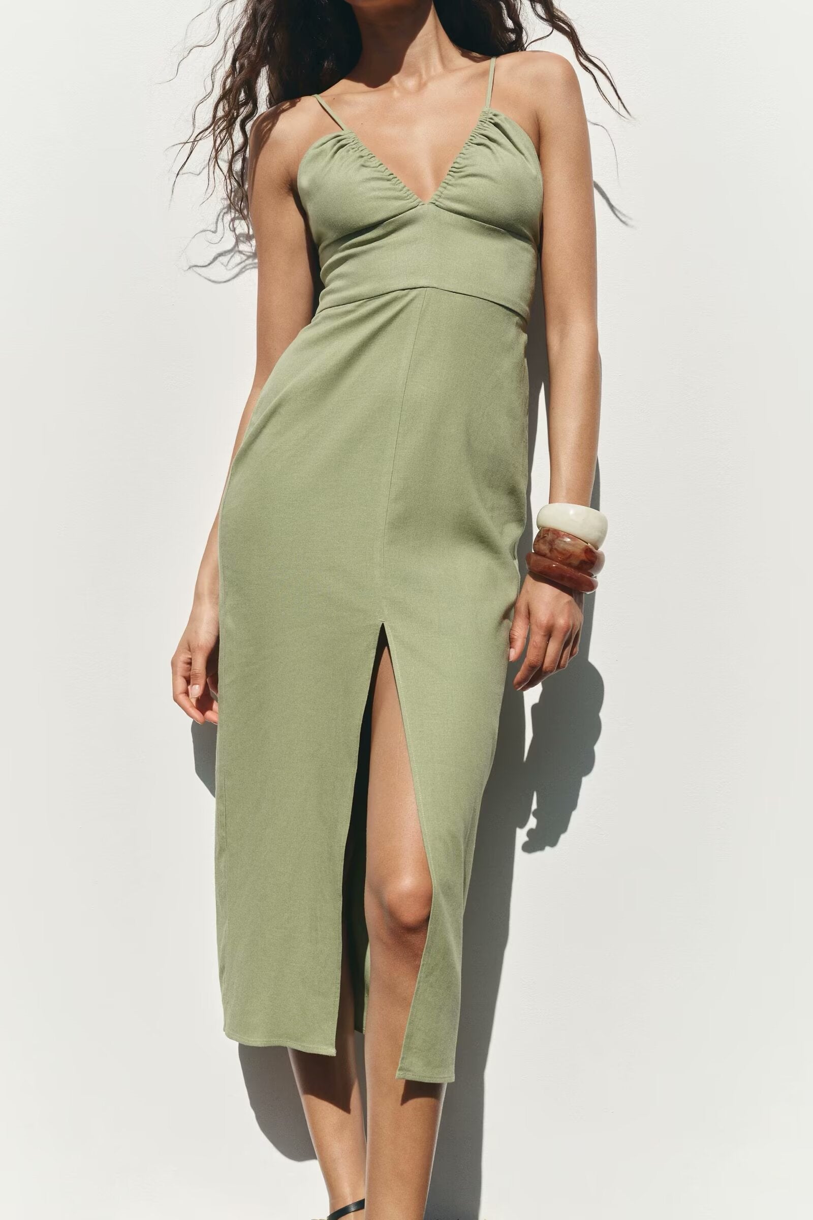 Women Clothing Solid Linen Midi Sling Dress Bella Mia