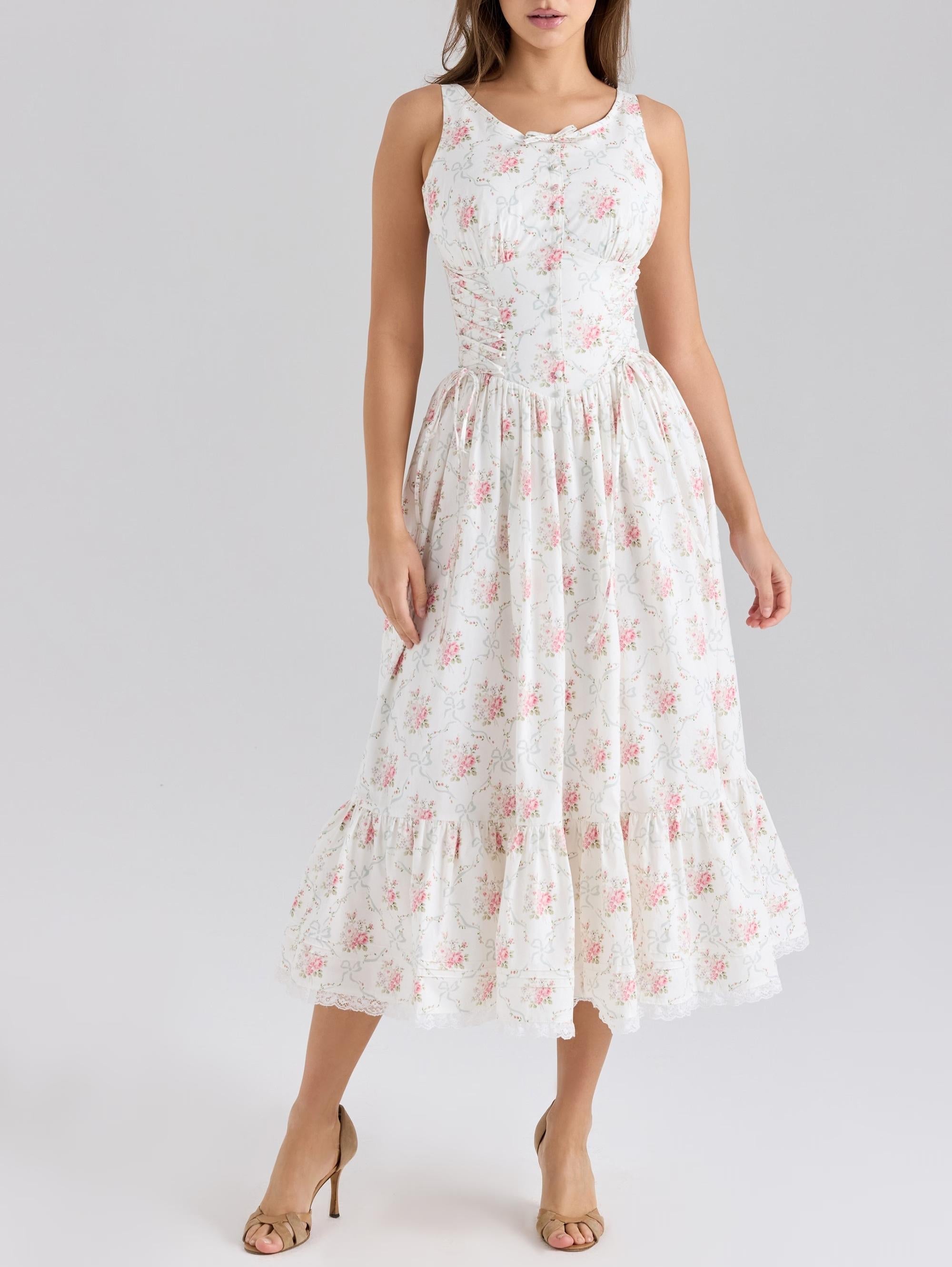 Summer Cream Rose Printed Lace up Mid Length Sling Dress Bella Mia