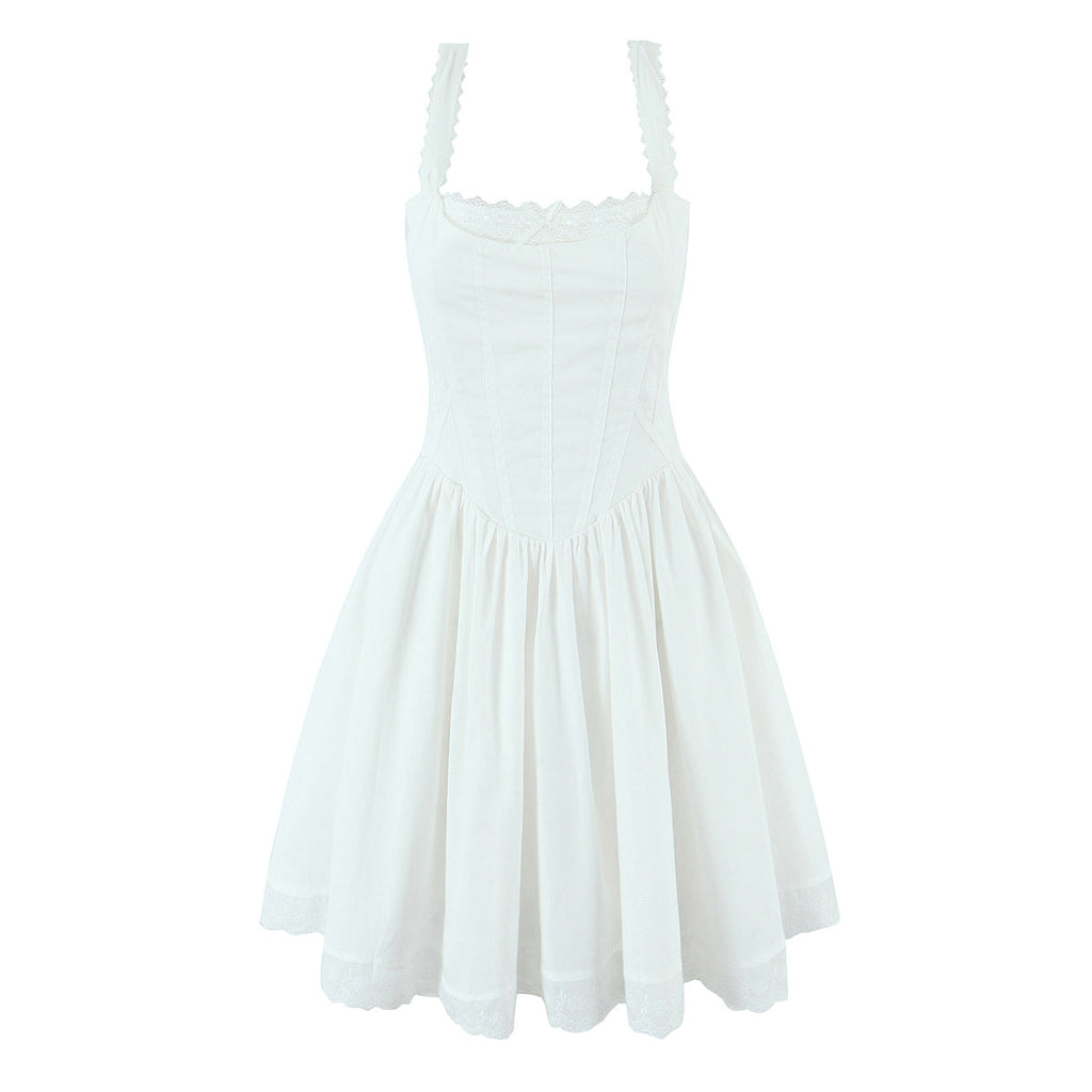 Sweet Lace Chic Bow Short Dress Square Collar Sexy Slim Mini Dress Bella Mia
