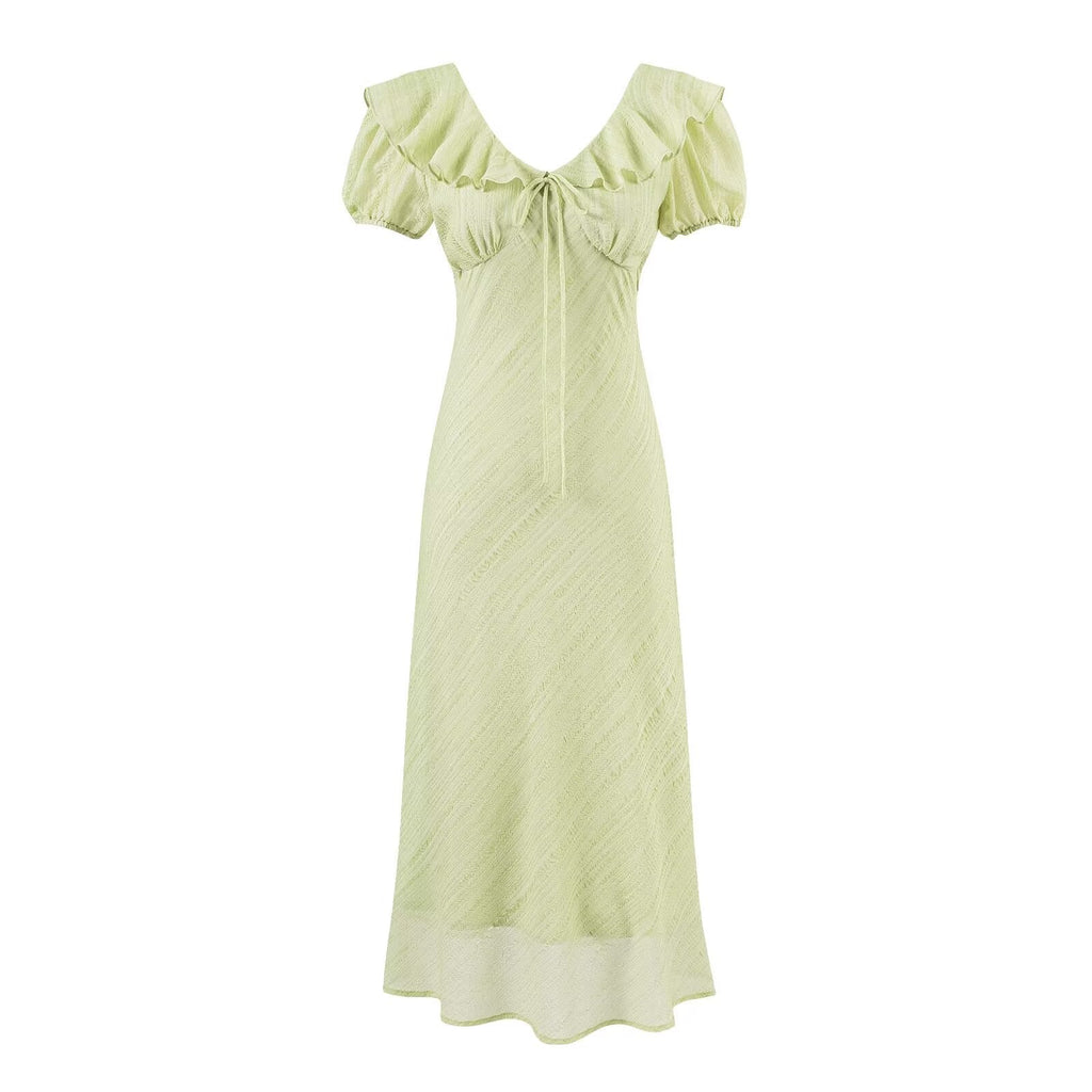 Tea Break Green Dress Women Summer Gentle Ruffled Waist Controlled V neck Dress Bella Mia