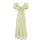Tea Break Green Dress Women Summer Gentle Ruffled Waist Controlled V neck Dress Bella Mia