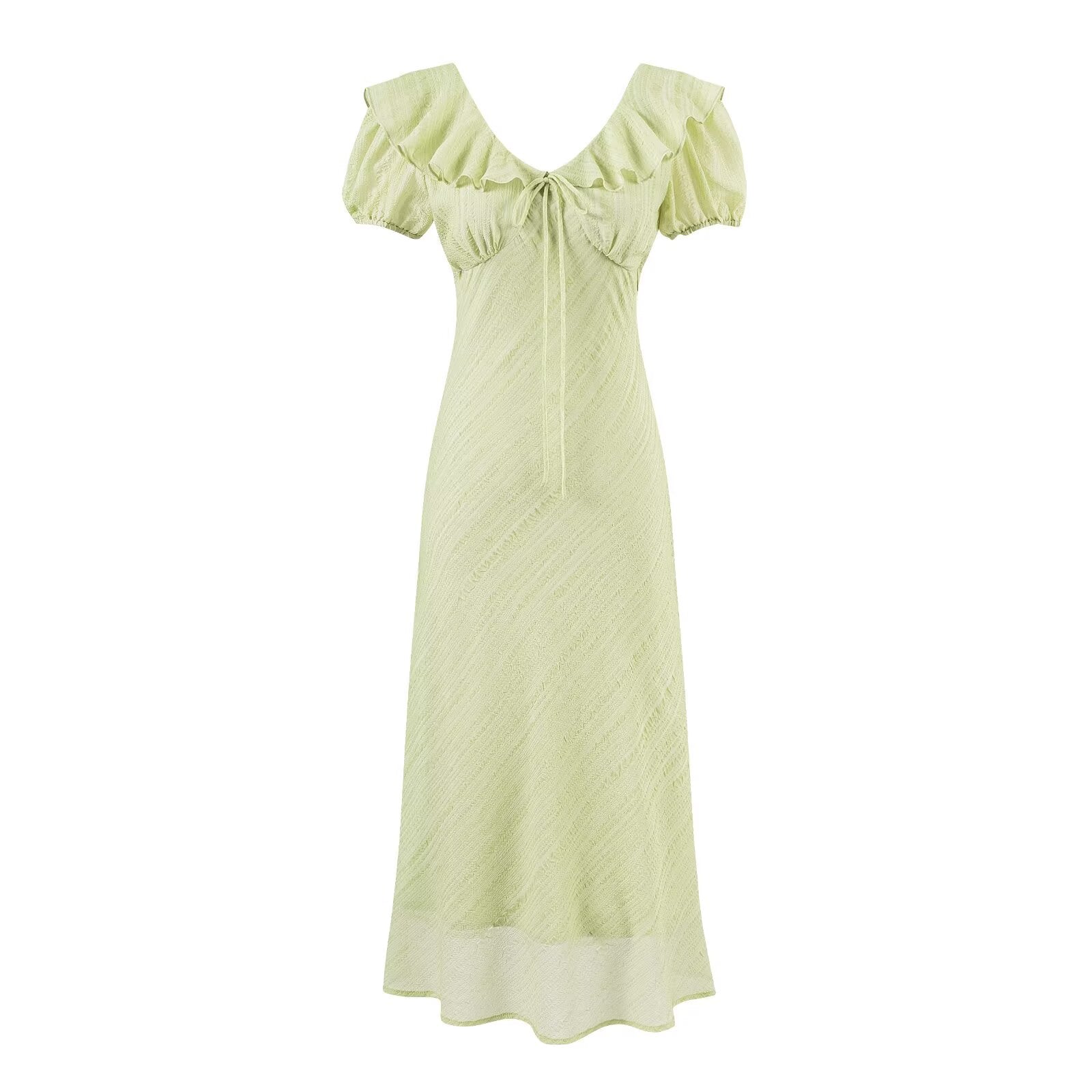 Tea Break Green Dress Women Summer Gentle Ruffled Waist Controlled V neck Dress Bella Mia