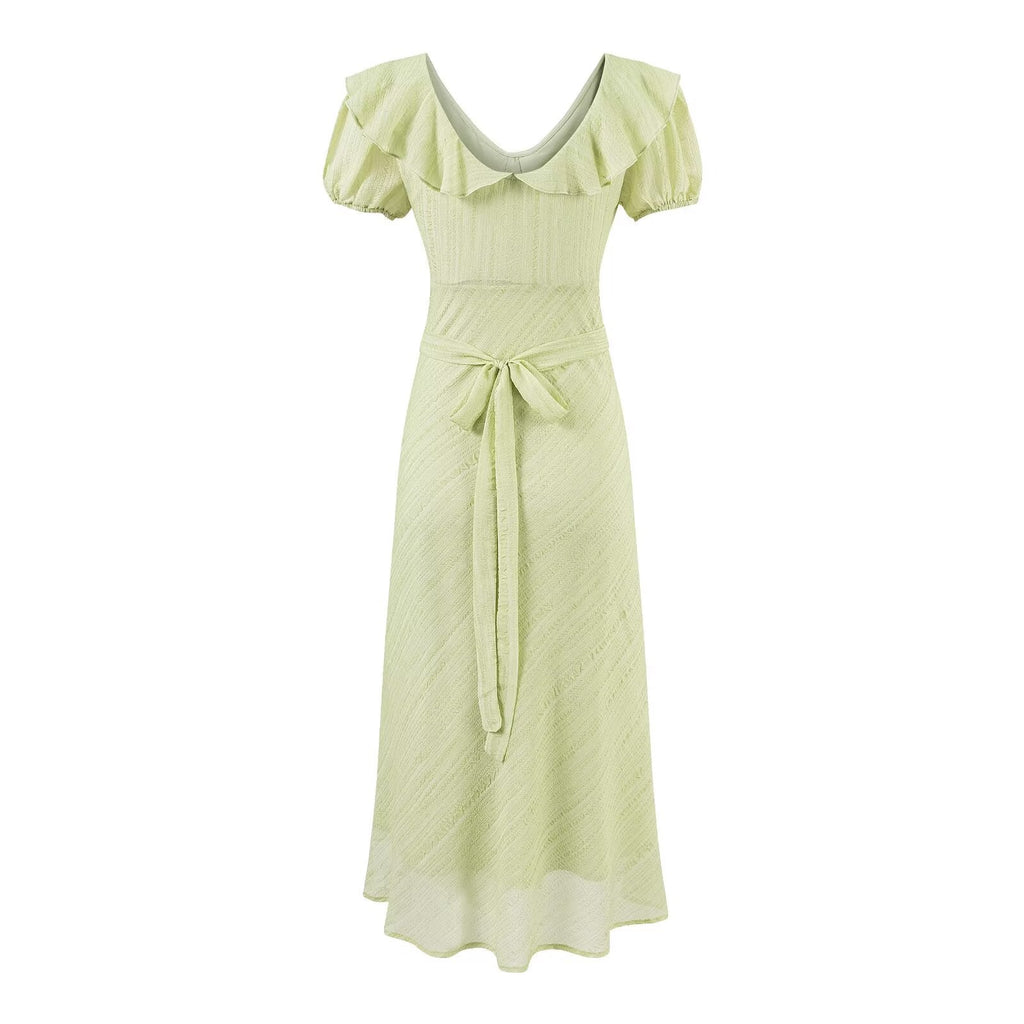 Tea Break Green Dress Women Summer Gentle Ruffled Waist Controlled V neck Dress Bella Mia