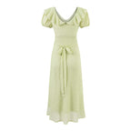 Tea Break Green Dress Women Summer Gentle Ruffled Waist Controlled V neck Dress Bella Mia