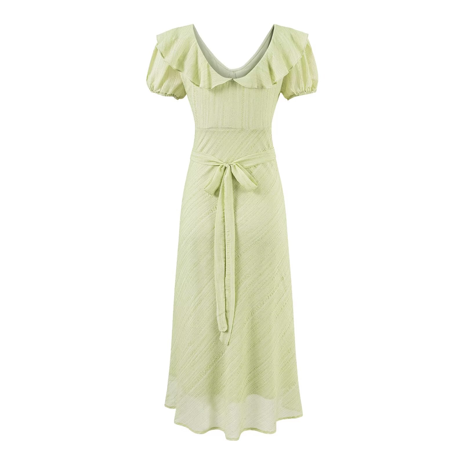 Tea Break Green Dress Women Summer Gentle Ruffled Waist Controlled V neck Dress Bella Mia