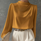 Solid Color Pleated Women Shirt Elegant Pullover Satin Top Office Long Sleeve Top Bella Mia