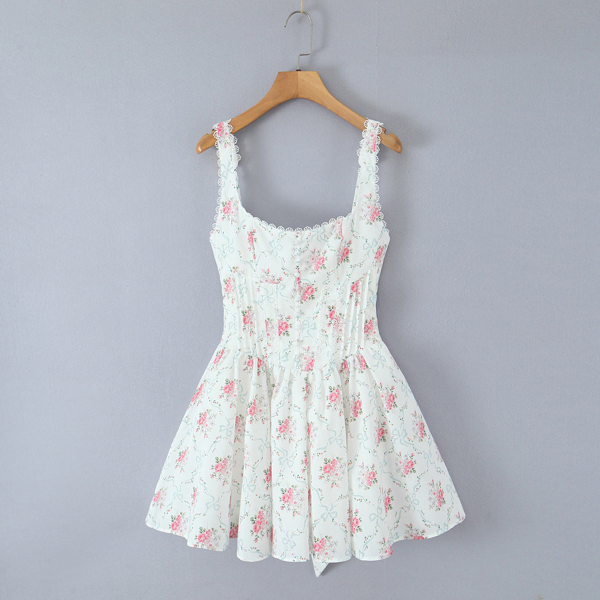 House Same Sweet Rose Print Bowknot Decoration Pleated Lace Waist Slip Dress Women Dress Bella Mia